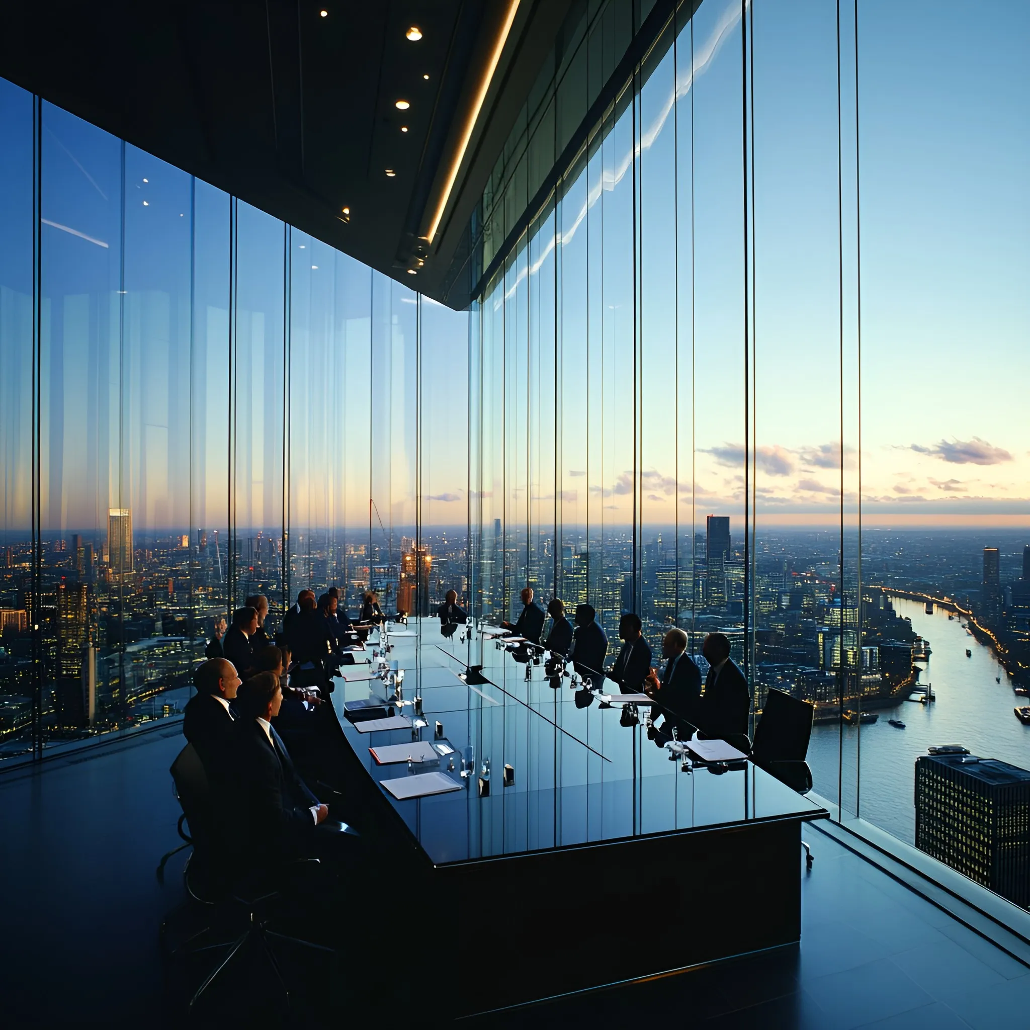 Boardroom overlooking the city at dusk