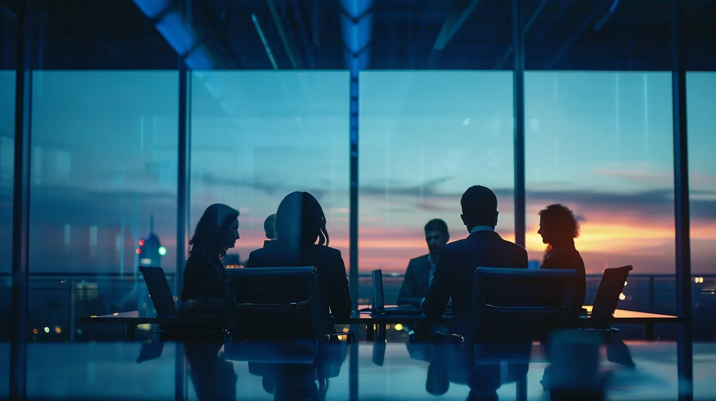Board meeting silhouetted against a city skyline