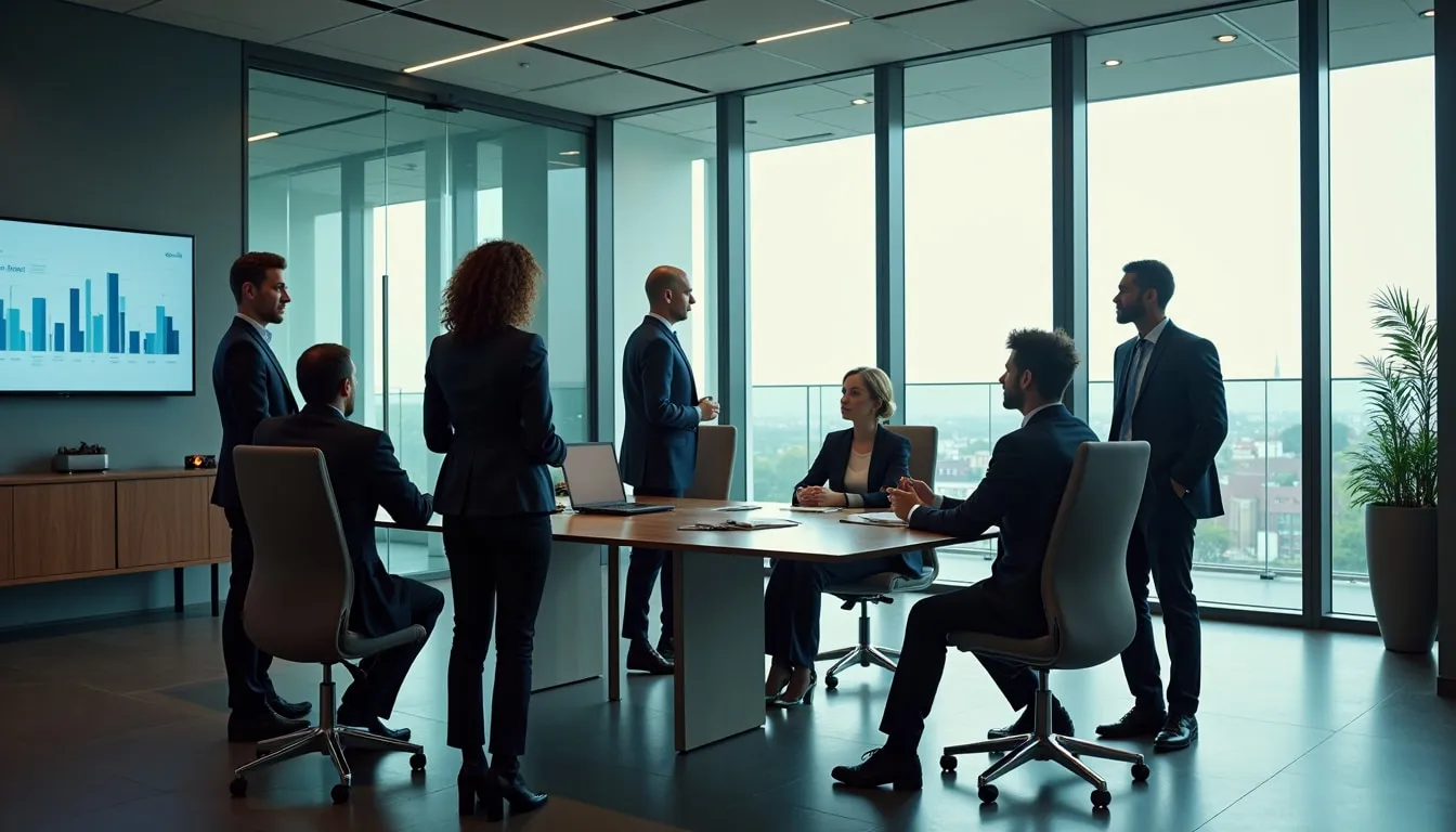 Advisors in a strategy session in a glass-walled meeting room